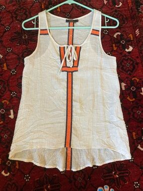 THML cream crinkle Tank with Orange and Navy embroidery Tie Front S
